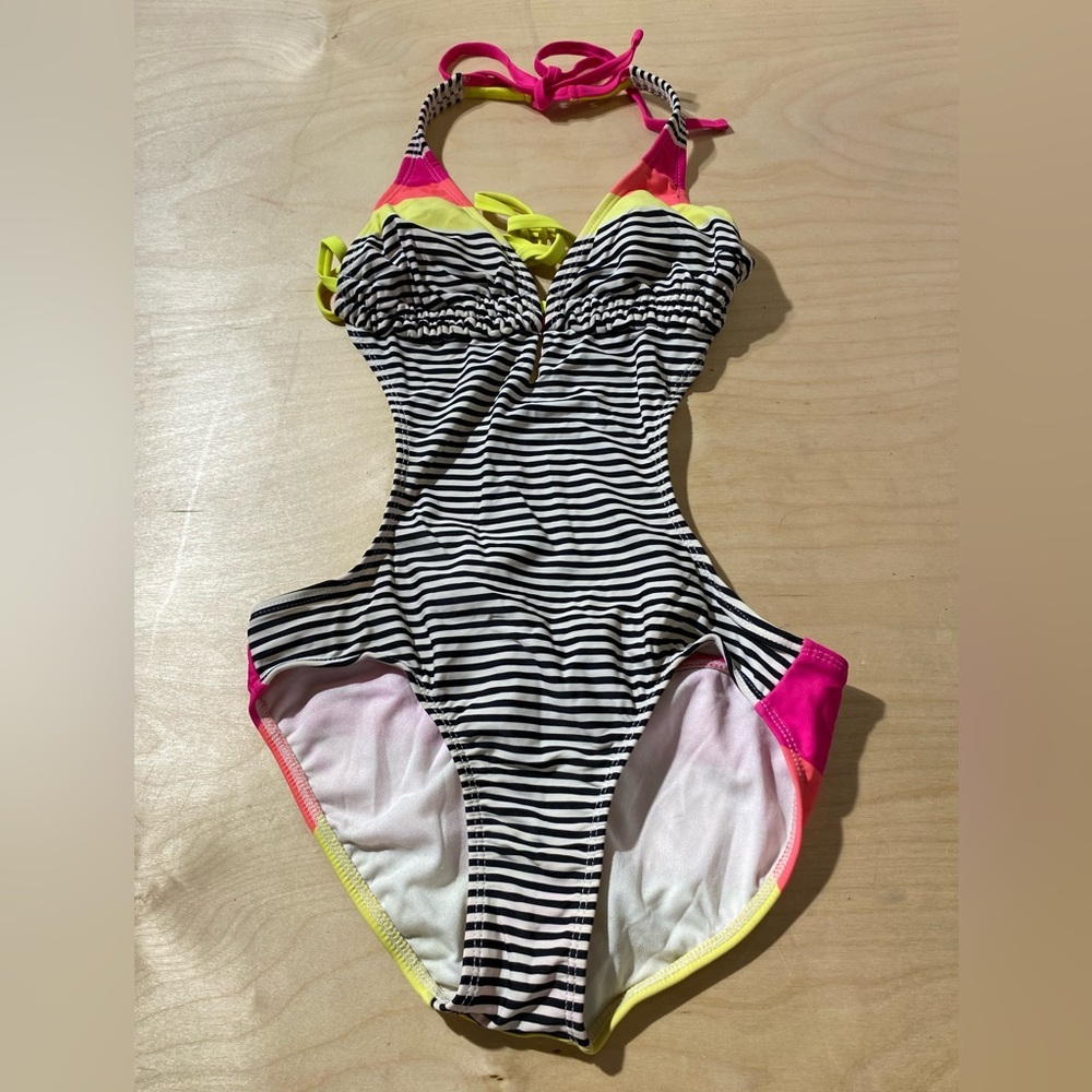 OP Striped One-Piece Swimsuit with Pink and Yellow Accents Size Small (3-5) (HE)
